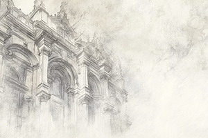 Classical architectural sketch of grand facade, featuring ornate, a Decorative Illustration by Studio ANNA