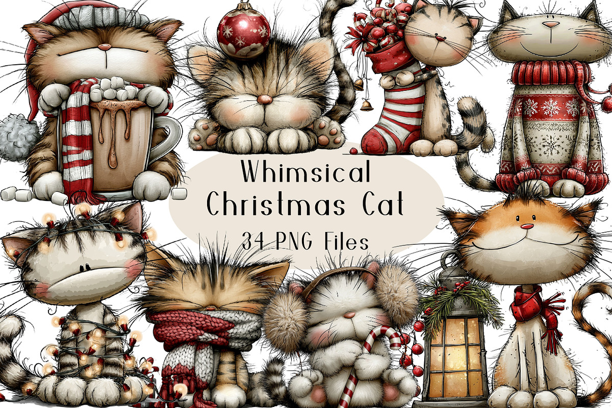 Christmas Whimsical Cat Clipart, a Seasonal Illustration by Creative Art (Photo 1 of 7)