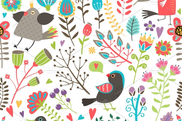 Hand Drawn Birds And Flowers Pattern