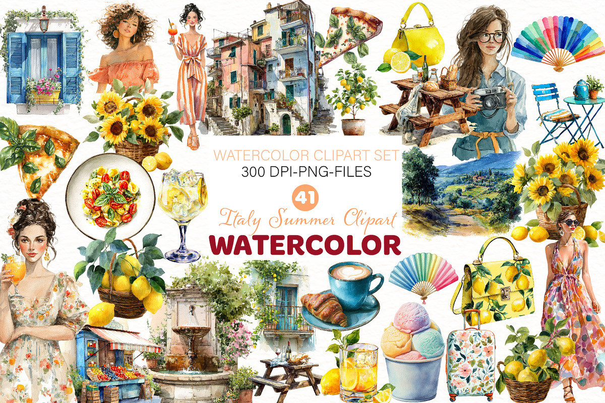 Watercolor Italy Summer Clipart, an Illustration by Designworld (Photo 1 of 5)