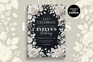 Black White Floral Birthday Invitat, an Invitation Template by M9 Design