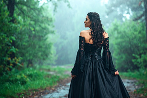 beautiful young goth woman in the rain in forest AI generated, a Photo by WorldOfPhotos