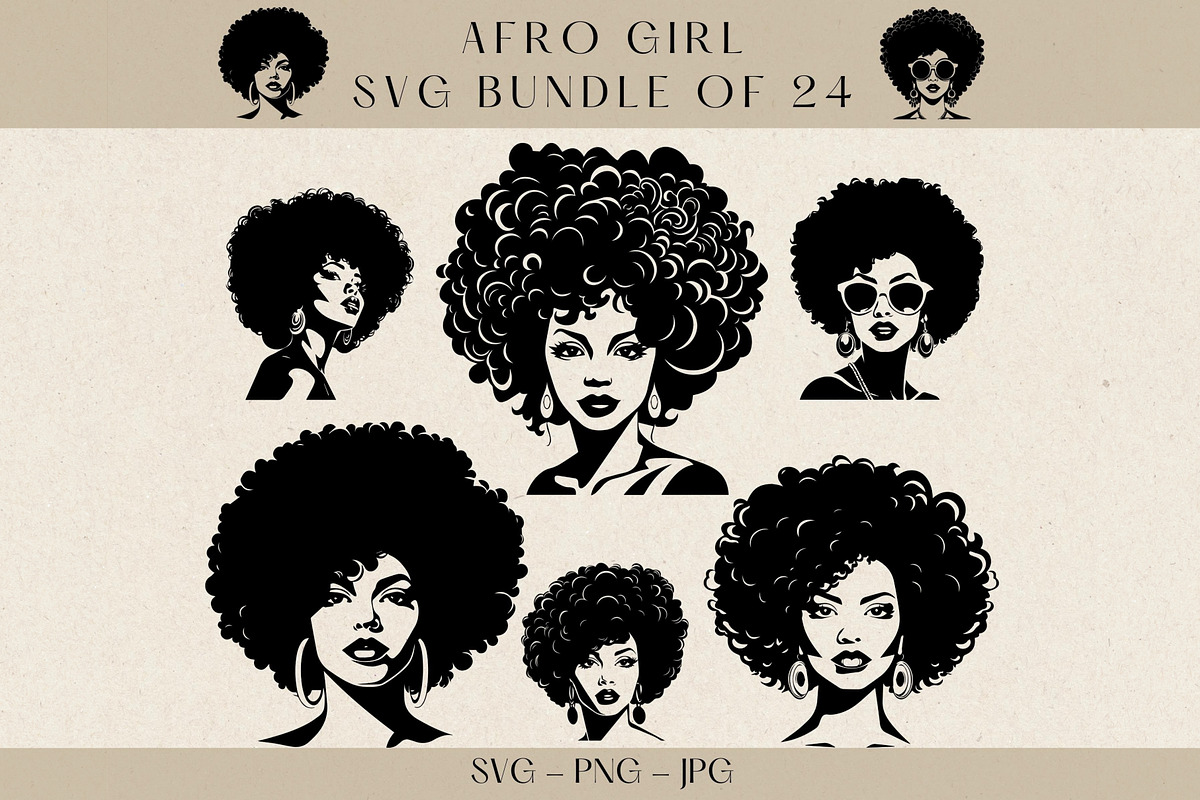 Afro Girl SVG Bundle of 24 Files, a Person Illustration by VectorMarketplace (Photo 1 of 9)