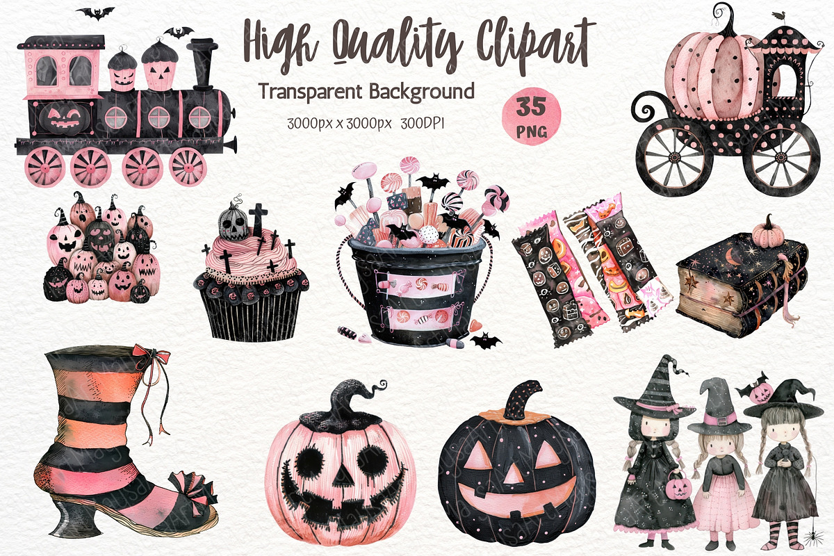 Pink Halloween Watercolor Clipart, a Seasonal Illustration by Maysa Art (Photo 3 of 6)