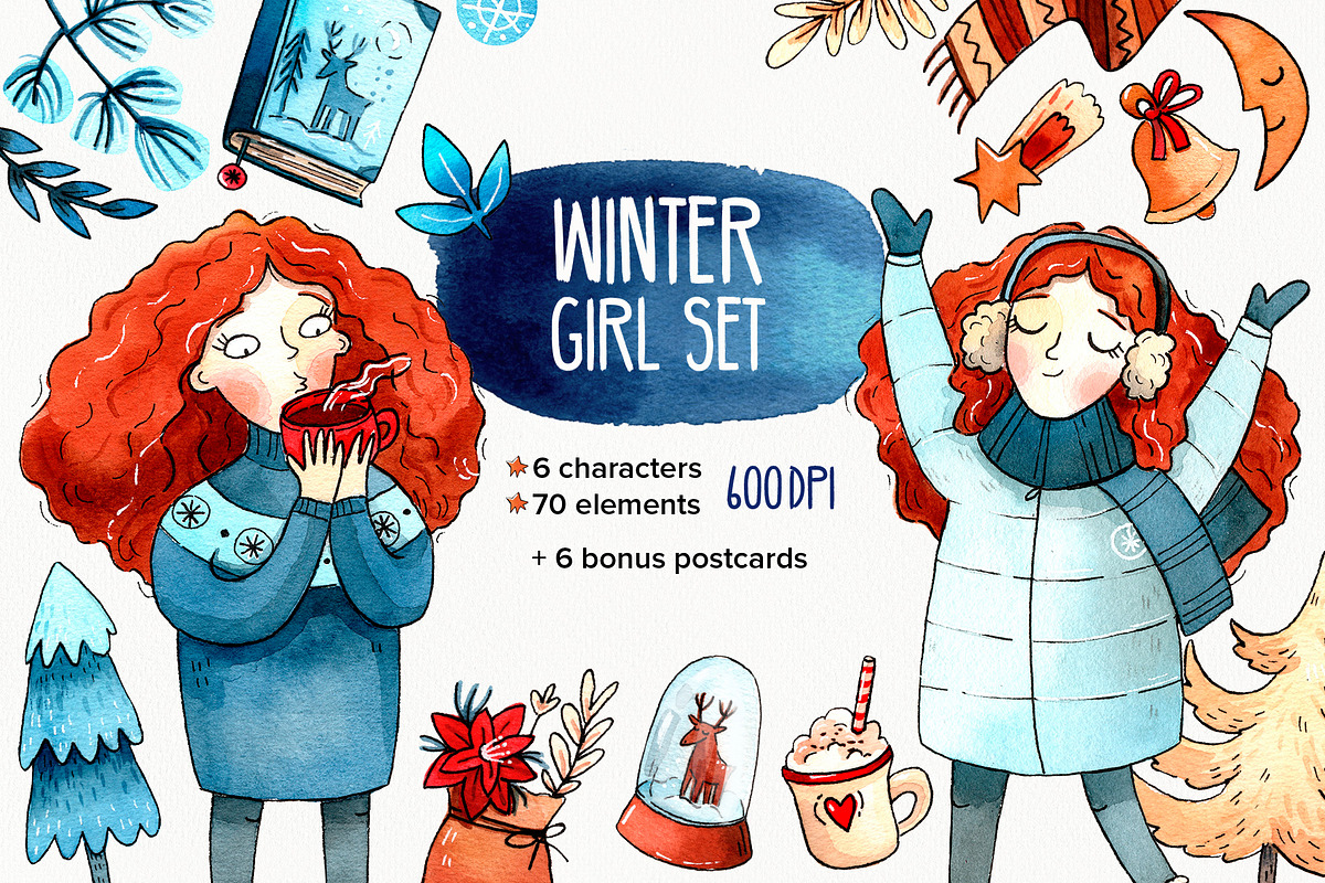 Winter Girl watercolor clipart set, an Illustration by Ekaterina Goncharova (Photo 1 of 4)