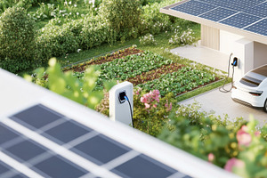 Eco-friendly home with solar panels and electric car charger, su, a Photo by Dvoevnore photos