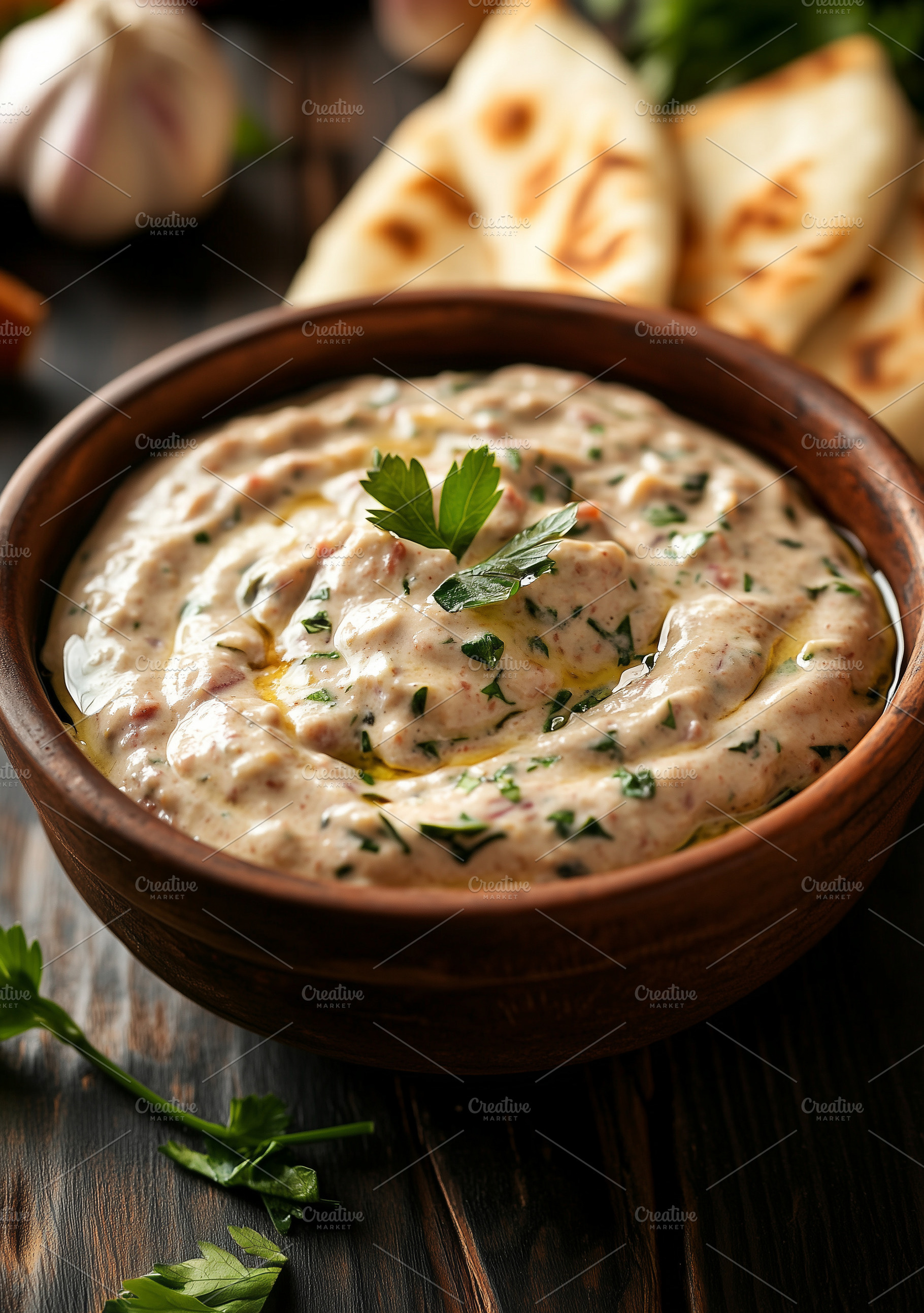 Creamy and herbal dip served, a Food & Drink Photo by MistyDay