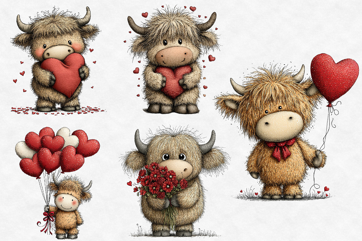 Valentine cute Highland cow clipart, an Illustration by Designworld (Photo 6 of 6)