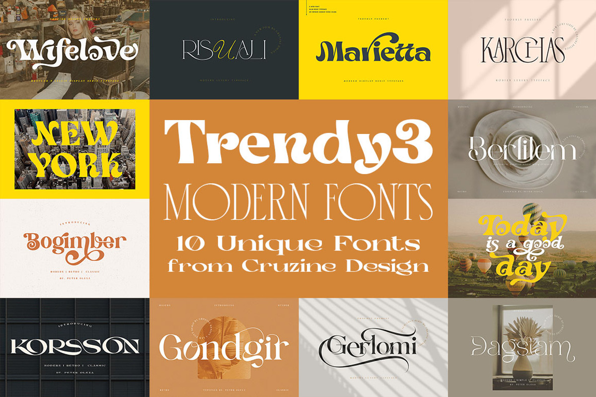 Trendy & Modern Fonts 3 - 10 Sets, a Sans Serif Font by Cruzine (Photo 1 of 47)
