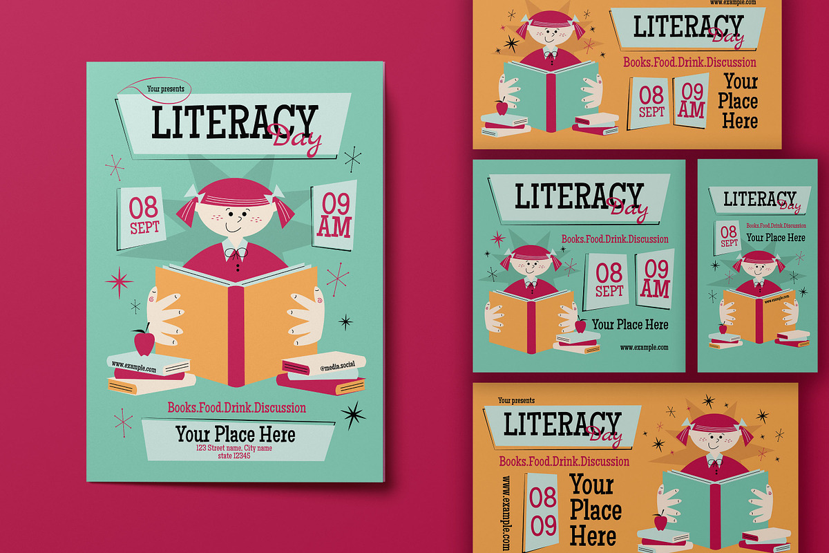 Mid Century Literacy Day Flyer Set, a Flyer Template by Artbox Studio (Photo 1 of 4)