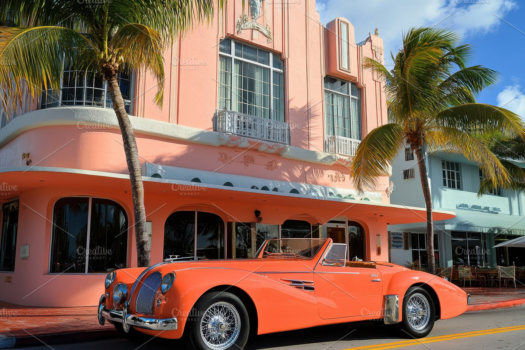 Classic coral sports car parked, a Photo by Pavel_design