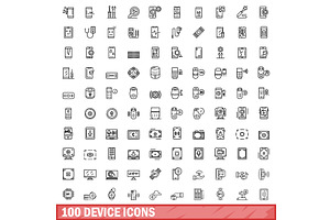 100 device icons set, outline style, an Object Illustration by Ylivdesign