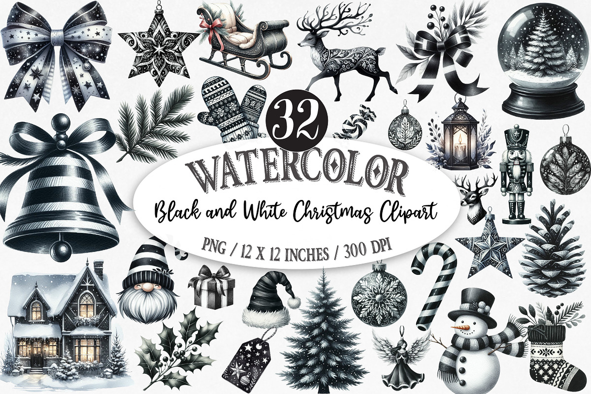 Black and White Christmas Clipart, an Illustration by Designking (Photo 1 of 5)