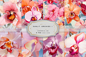 SUNLIT ORCHIDS. Seamless Bundle Of 8