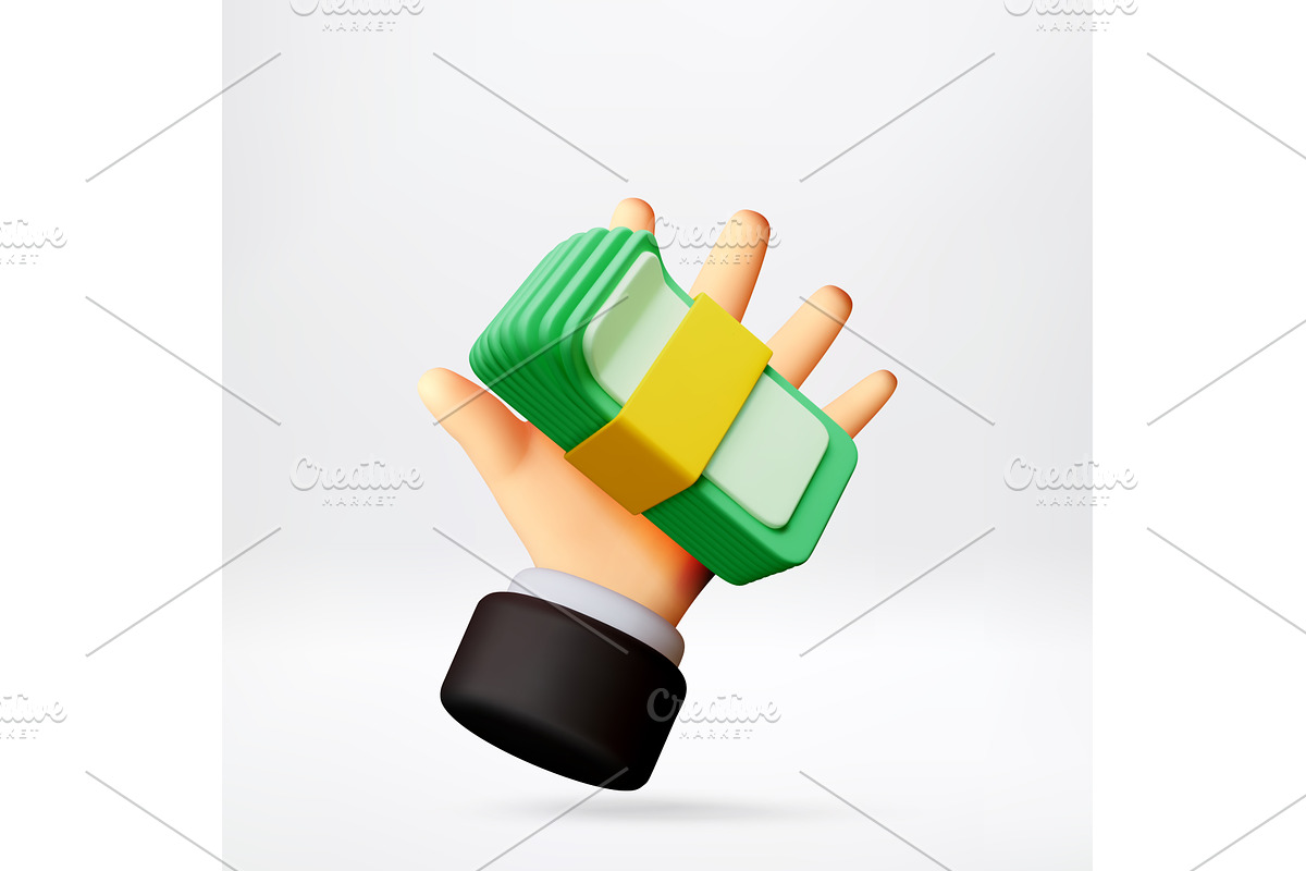 3d hand holding stack of green money, an Object Illustration by Abscent