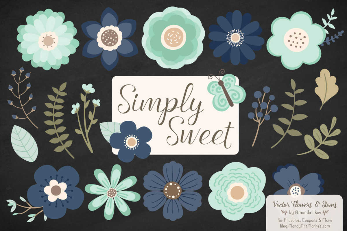 Navy & Mint Flowers Clipart, an Illustration by Amanda Ilkov (Photo 2 of 4)