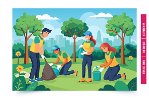 Four volunteers are cleaning a city, an Illustration by Tanuart
