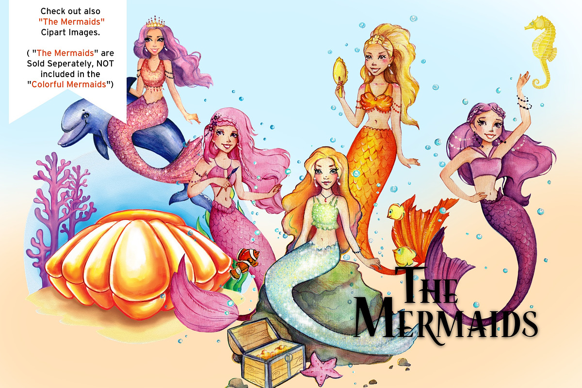 Colorful Mermaids Clipart Images, an Illustration by Whimseez (Photo 5 of 5)