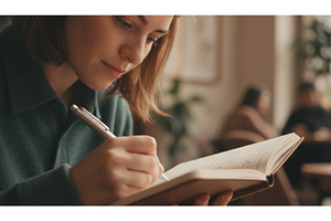 Close up of a young woman writing in, a School & Education Photo by Igor Tichonow