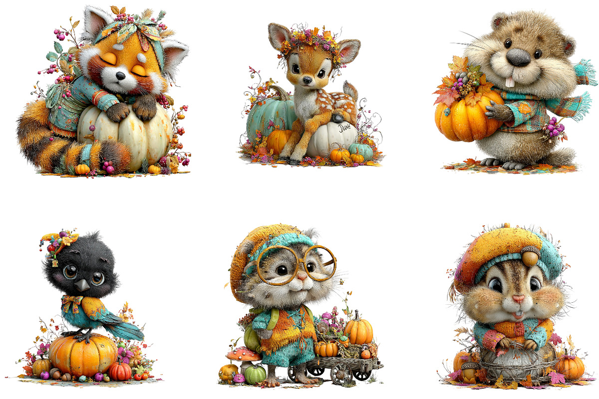 Cozy Woodland Animals with Pumpkins, a Seasonal Illustration by CreationArt (Photo 4 of 5)