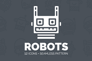 Robots: 12 icons & seamless pattern