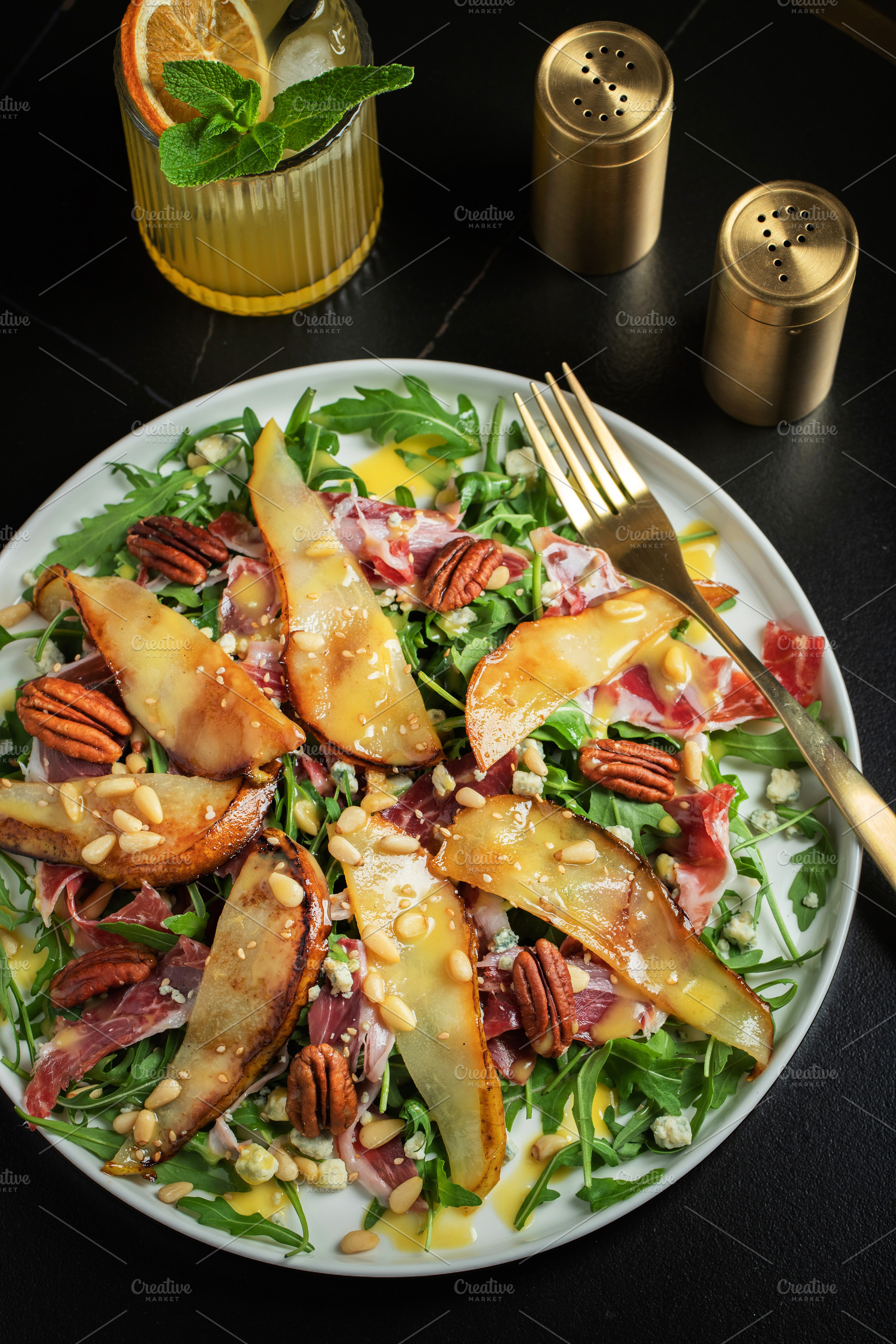 Salad with Pear, Arugula, Jamon, Blue Cheese and Blueberry, Delicious Fresh Sal, a Food & Drink Photo by Budarinphoto
