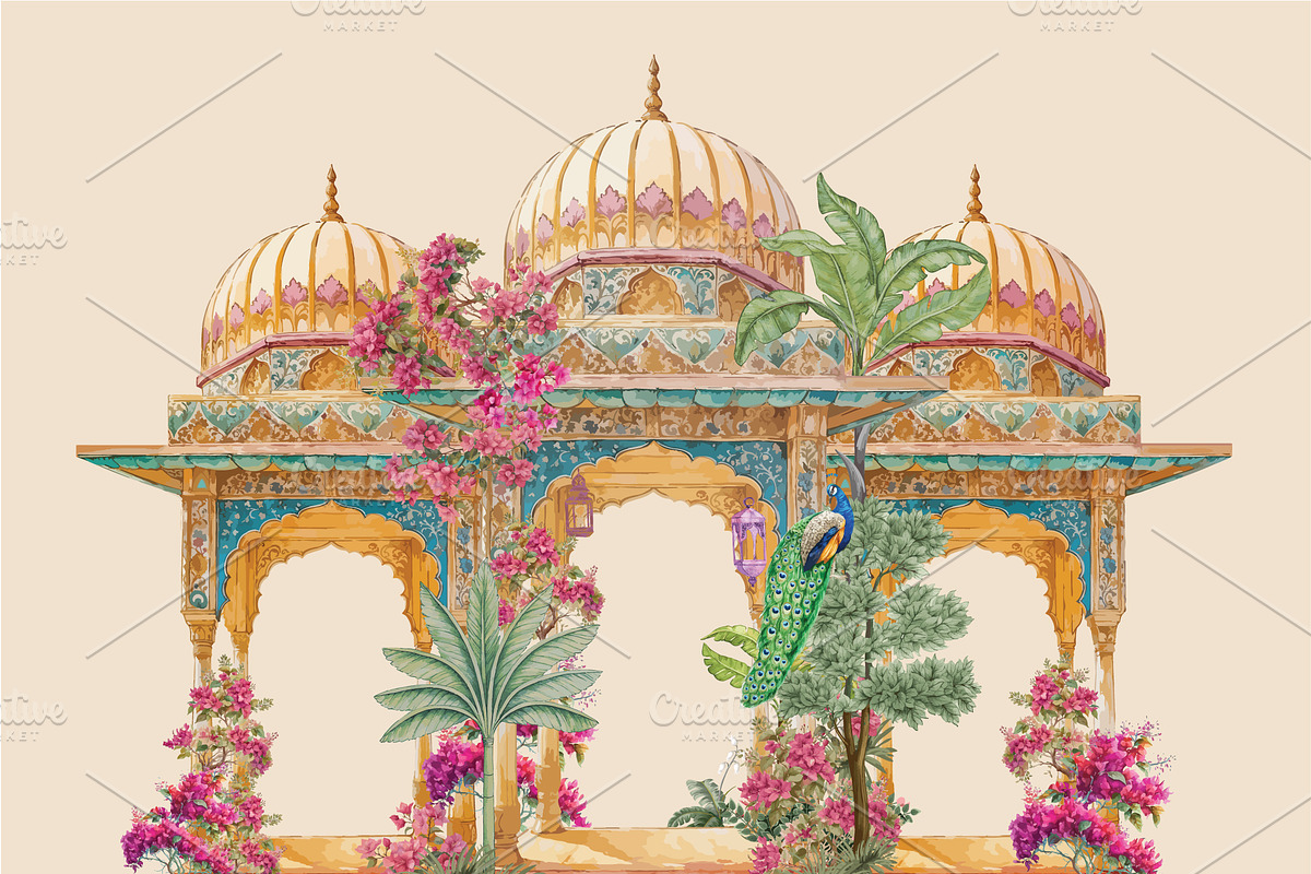 Mughal Palace Garden Illustration, a Decorative Illustration by Mughal Wallpaper