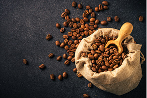 Roasted coffee beans in burlap bag., a Food & Drink Photo by Nadia-nb