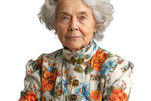 An elegant elderly woman with silver hair wearing a floral-patterned blouse, ex, a Person Photo by ImageMir
