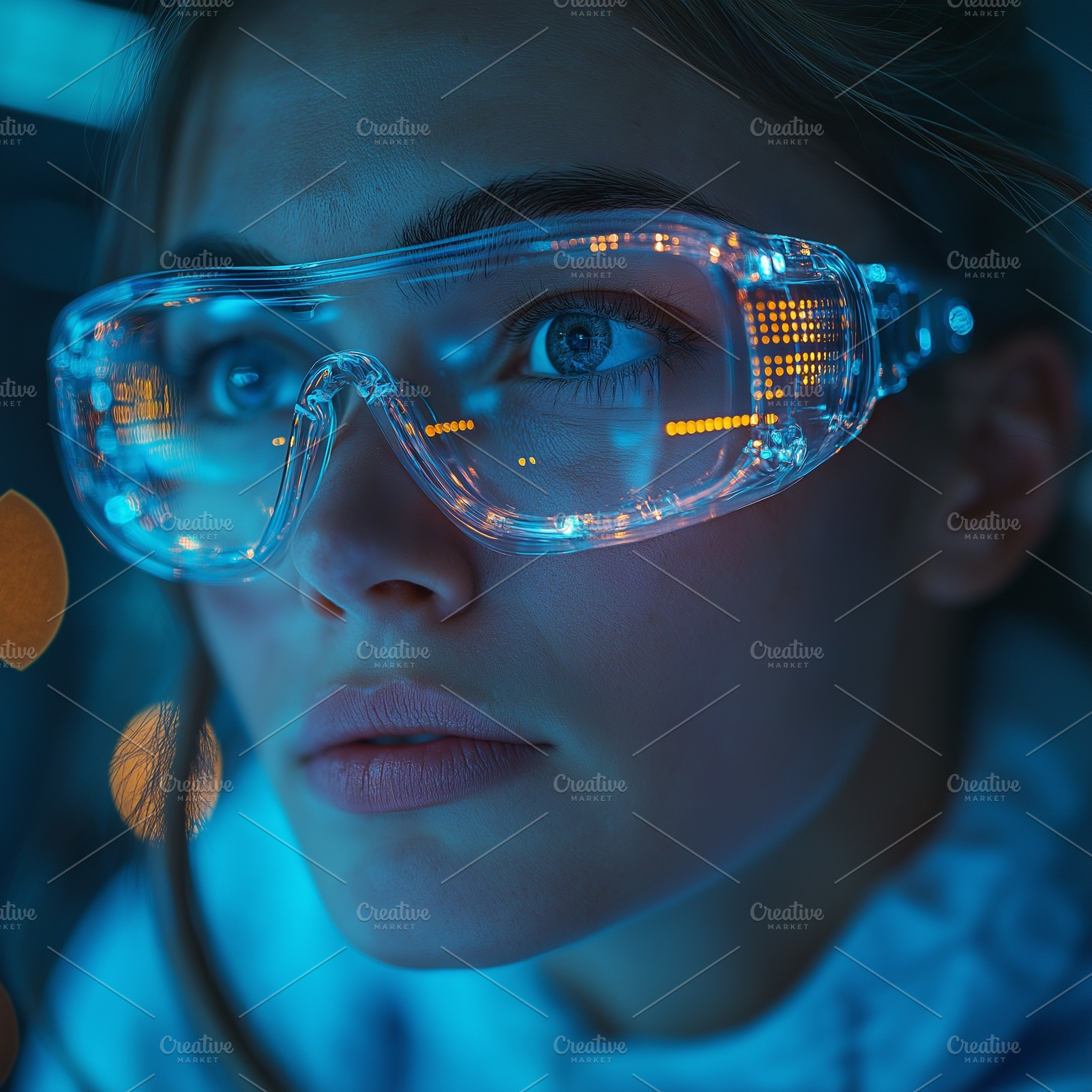 A young Caucasian woman gazes intently, wearing illuminated futuristic goggles,, a Person Photo by ImageMir