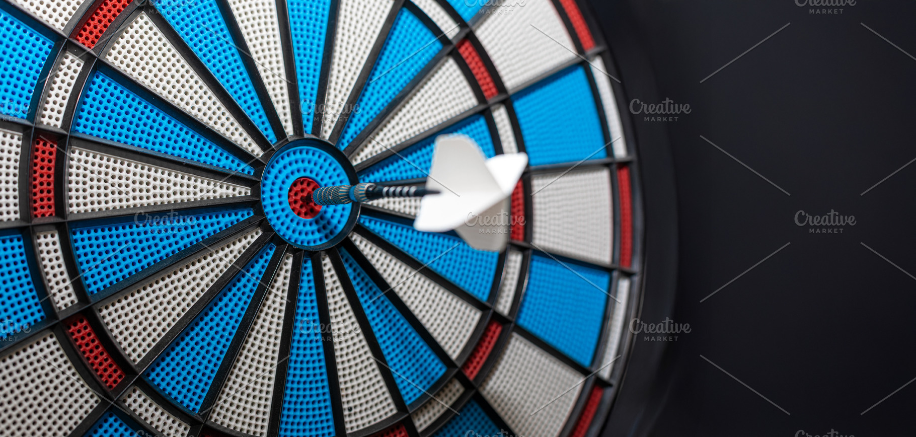Close-up of a white dart perfectly striking the red bullseye on, an Animal Photo by Ales Munt