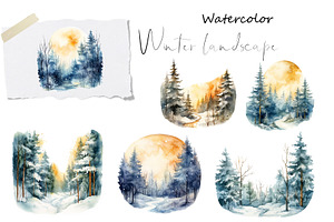 Watercolor digital winter landscape