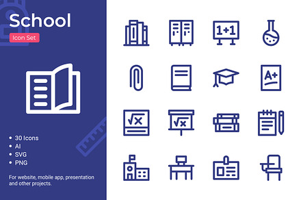 School Icon Set, an Outline Icon by Bartama Graphic