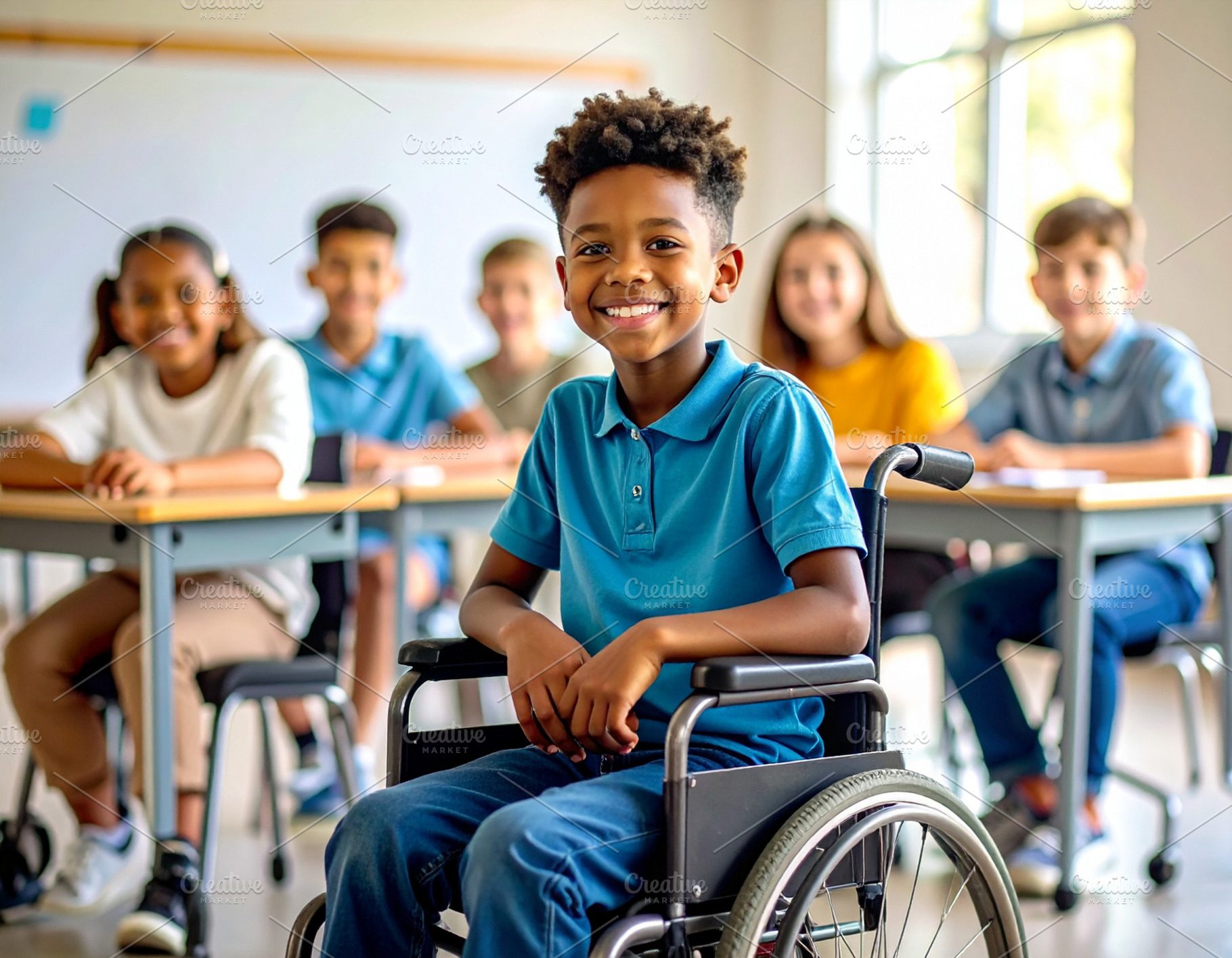 Boy at wheelchair smiling at classroom, a School & Education Photo by DanFLCreativo