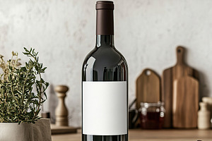 Blank label wine bottle displayed on wooden kitchen counter with, a Food & Drink Photo by AlyaAnd