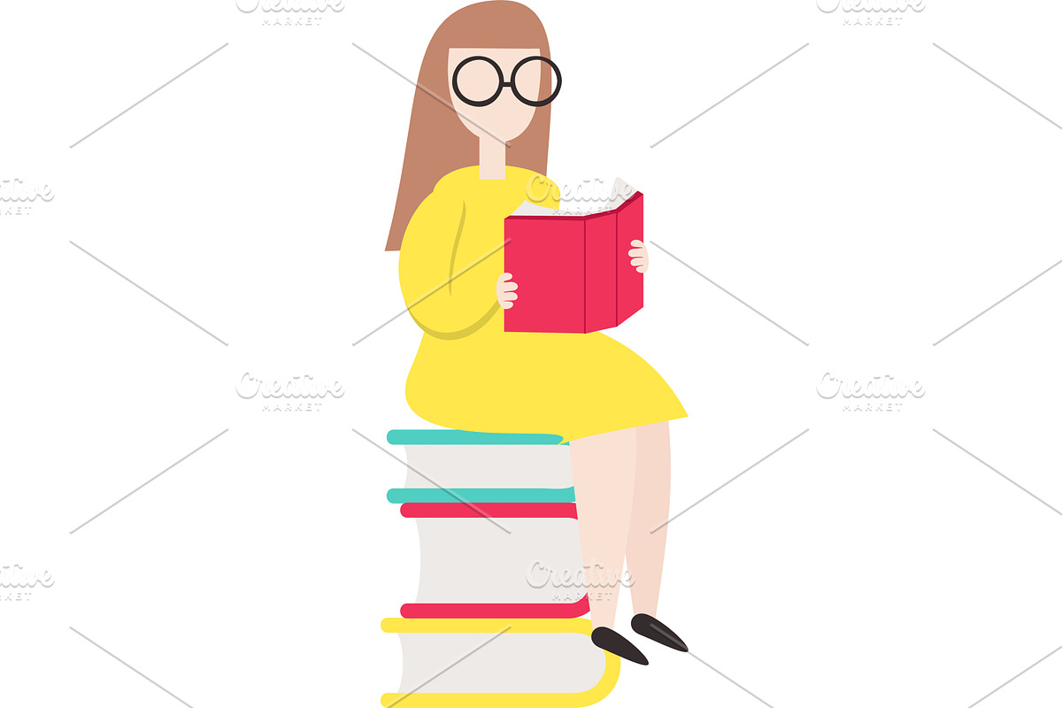 Woman reading sitting on book stack, an Education Illustration by SiberianArt