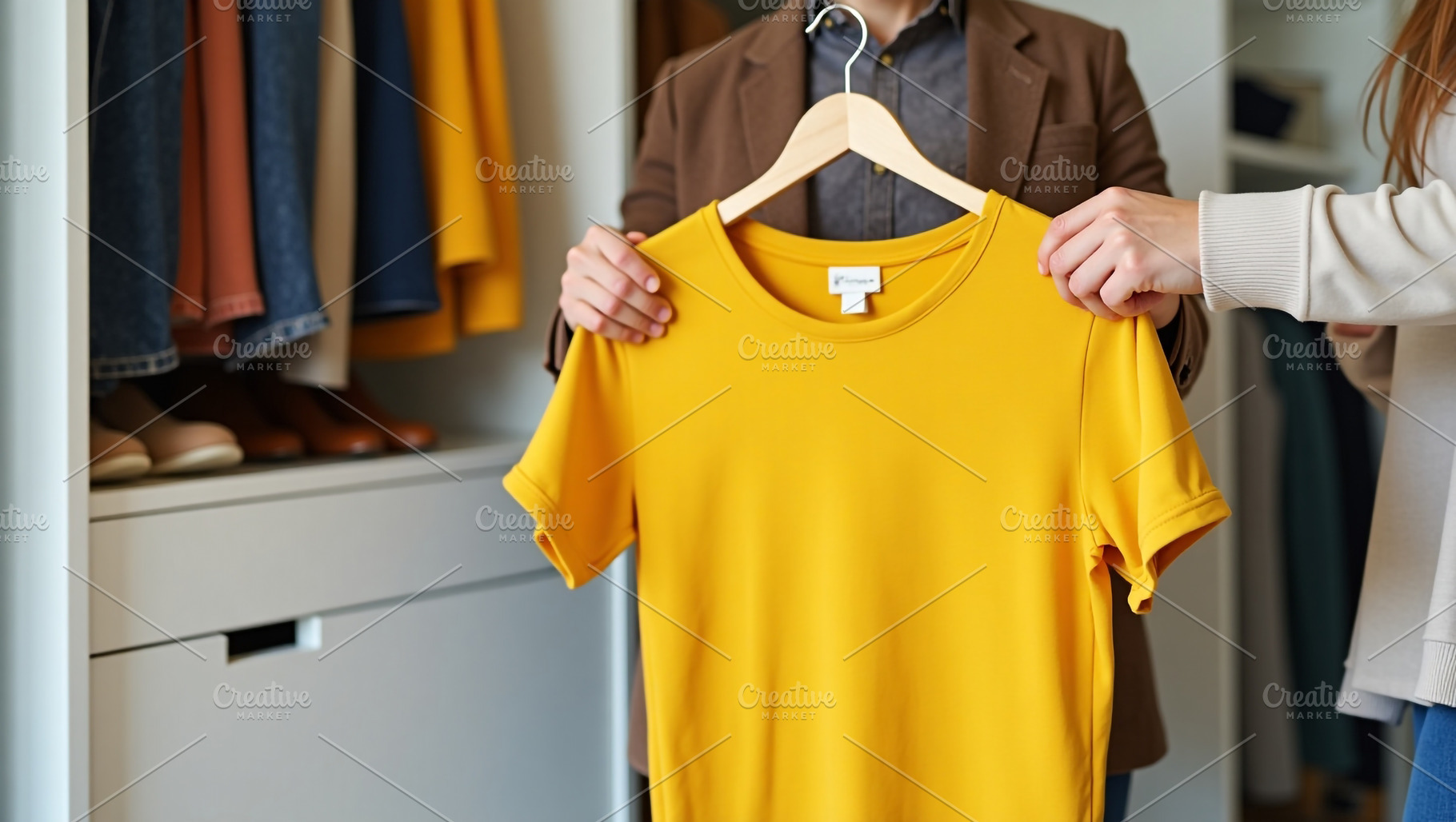 Woman And Man Selecting Yellow T Shi, a Beauty & Fashion Photo by Stock Shape
