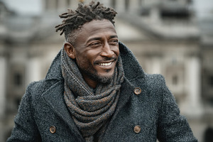 Stylish smiling man with short dreadlocks wearing wool coat and, a Person Photo by José Manuel Gelpi