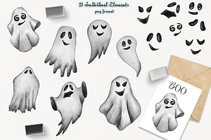 Ghosts Watercolor Clipart. Halloween