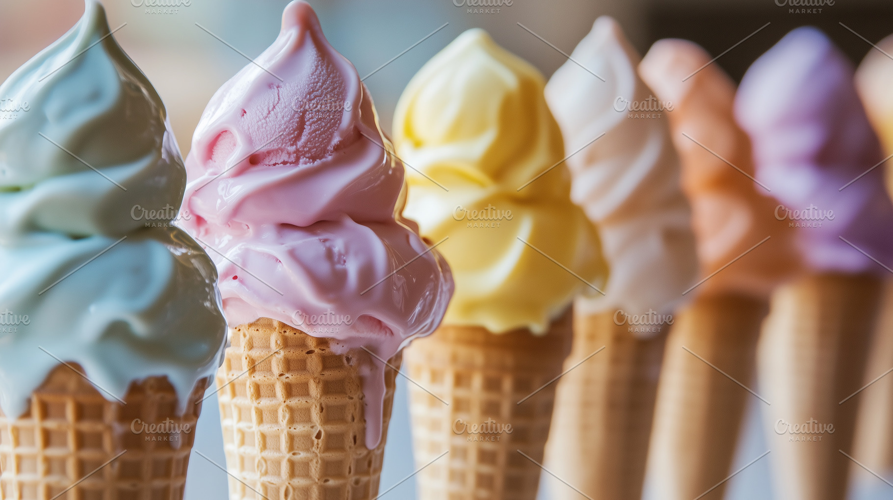 Colorful soft ice cream cones in row, a Photo by MistyDay