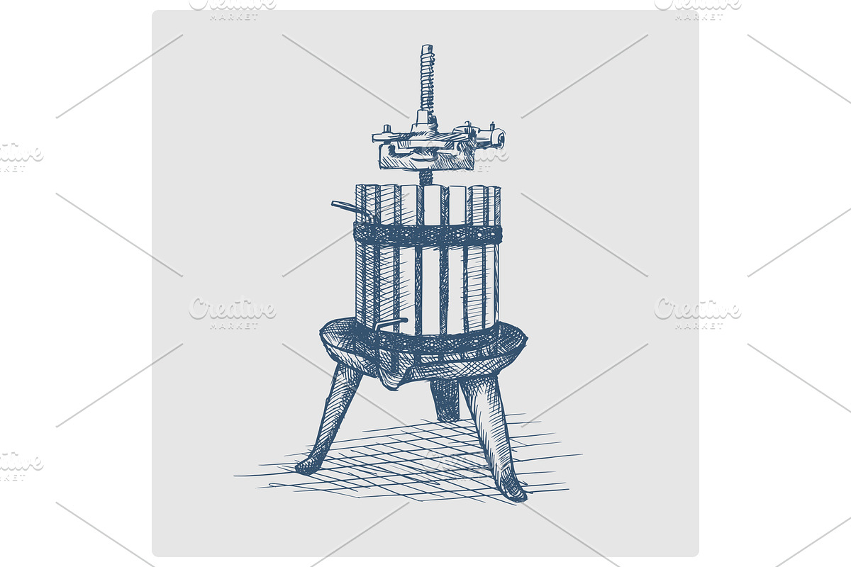 Press for grapes hand drawn vector, an Illustration by AlexArt