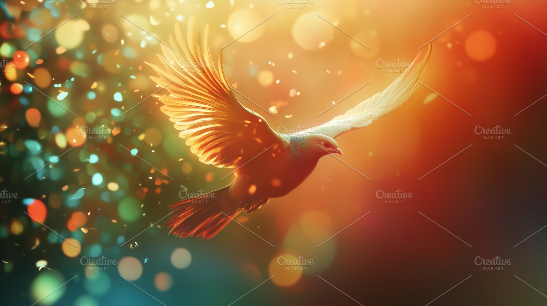 A vibrant, ethereal image of a bird in flight, surrounded by a colorful bokeh b, an Animal Photo by Textures & Backgrounds