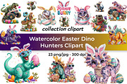 Watercolor Easter Dino Hunters Set, a Seasonal Illustration by InkyQueenArt (Thumbnail 1 of 6)