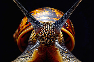 Snail portrait with extended tentacles and patterned glossy shel, an Animal Photo by GoodGoods