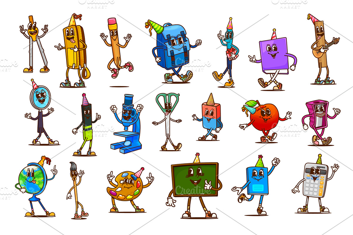 Cartoon groovy school stationery, an Education Illustration by Vector Tradition