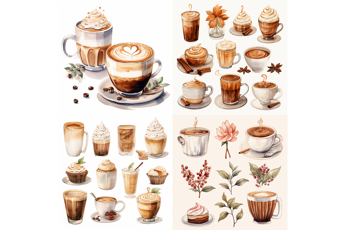 Prompt Watercolor Coffee Clipart, a Decorative Illustration by Creative design (Photo 3 of 7)