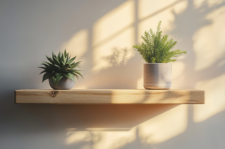 Two vibrant plants basking in sunlight on a wooden shelf, creating an inviting, a Background Photo by ImageMir