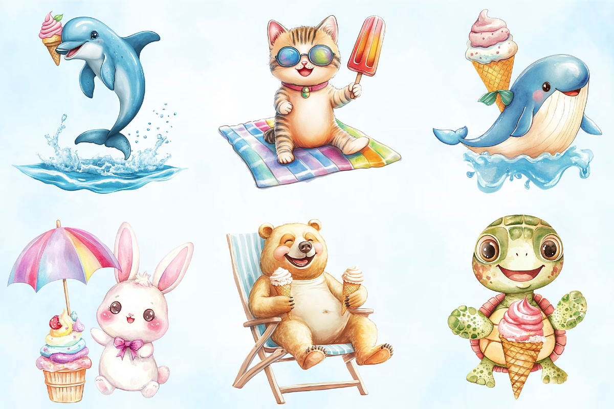 Kawaii Summer Animal & Ice Cream, an Illustration by Craft Nest (Photo 2 of 6)