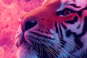 Vibrant close-up of a tiger's face with smoke effects, an Animal Photo by AlyaAnd