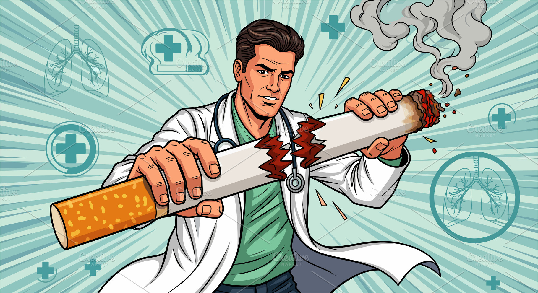 Doctor Breaking Giant Cigarette, a Health & Medical Photo by angellodeco